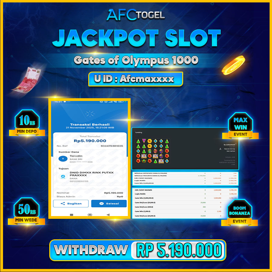 AFCTOGEL JACKPOT SLOT GATES OF OLYMPUS 1000 Rp.5.190.000.,- LUNAS
